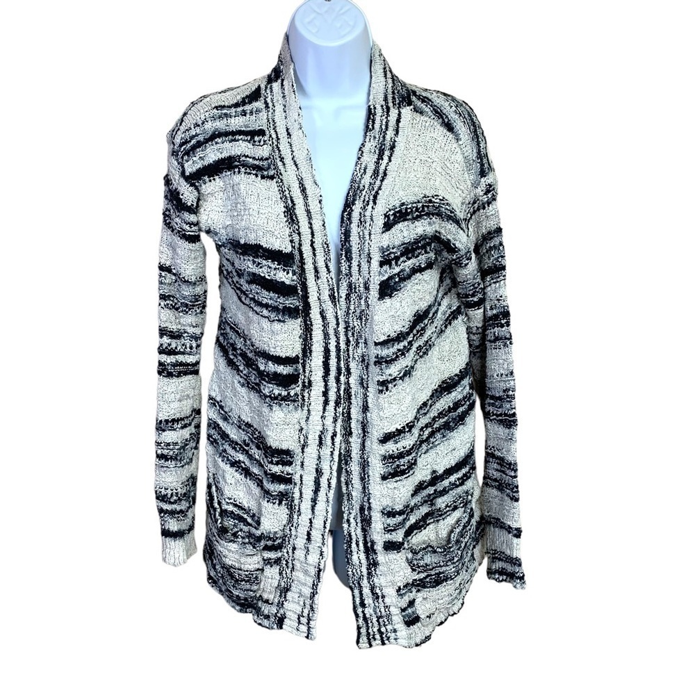 Small Bethany Mota Blue White Cotton Shrug Long Sleeve Pockets Sweater Cardigan